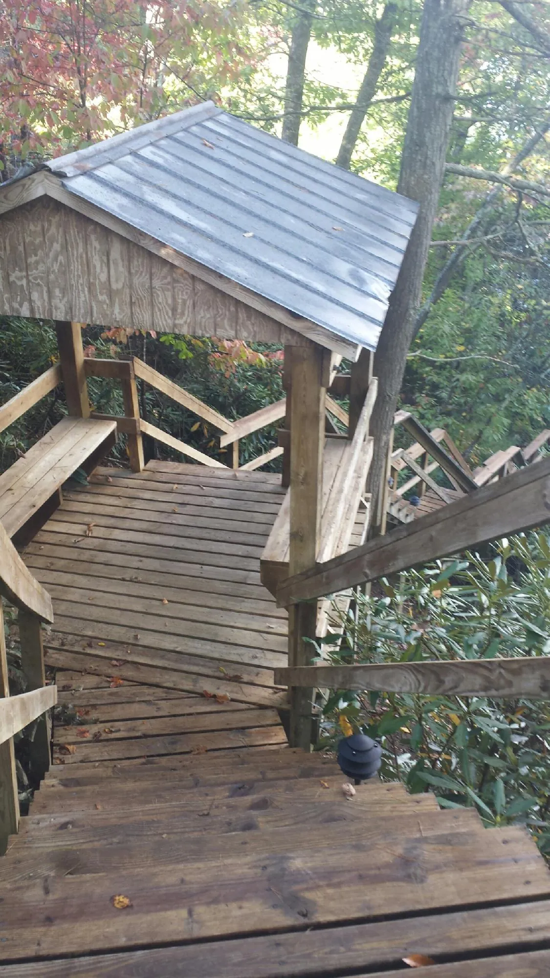 Metal roofed shelter over wooden steps on a wooded walkway — Skylight Repair & Installation work by our crew in Frazier Park